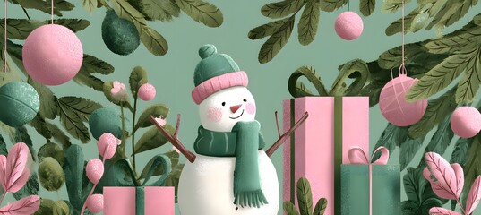 Minimalist green and rose pink  pastel snowman with scarf and gift boxes on soft background, cozy winter holiday composition, cute Christmas decoration concept in gentle tones and simple festive style