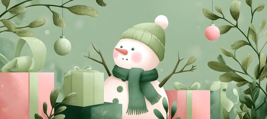 Minimalist green and rose pink  pastel snowman with scarf and gift boxes on soft background, cozy winter holiday composition, cute Christmas decoration concept in gentle tones and simple festive style