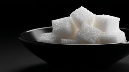 A close-up view of white sugar cubes stacked in a black bowl. The minimalist style highlights the textures and shapes of the sugar. Perfect for culinary use or food design. AI