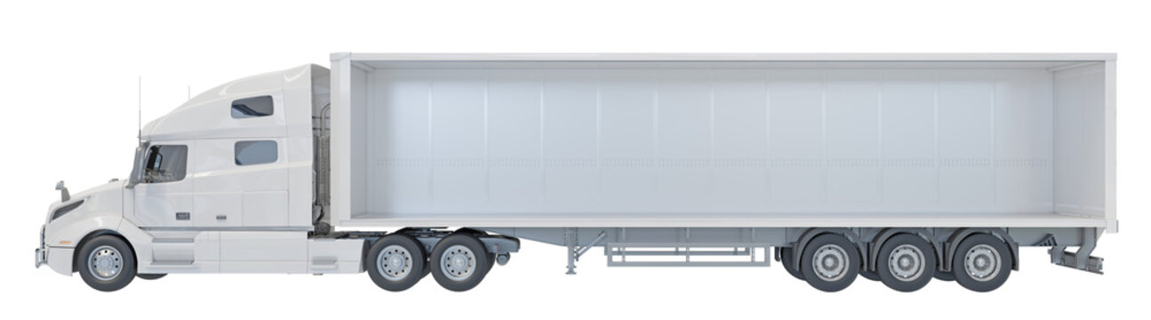 Unloaded freight trailer with removed side panel. Side view, isolated on a transparent background. Mockup for arranging goods or transported items. 3D illustration