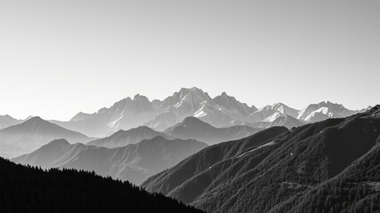 A monochrome landscape showcases majestic mountain peaks shrouded in a soft haze, creating a serene and awe-inspi alpine vista in black and white tones.