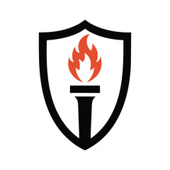 Black shield with orange torch flame and black base on white background emblem symbol