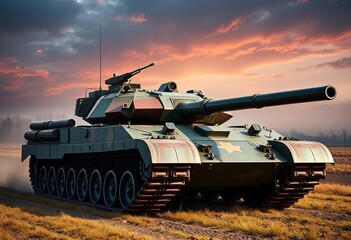 Fototapeta premium Powerful Russian main battle tank, imposing presence on field, USSR, brown