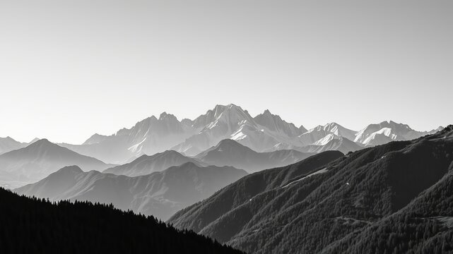 A monochrome landscape showcases majestic mountain peaks shrouded in a soft haze, creating a serene and awe-inspi alpine vista in black and white tones. - Powered by Adobe