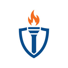 Blue shield with torch and orange flame graphic symbol fire