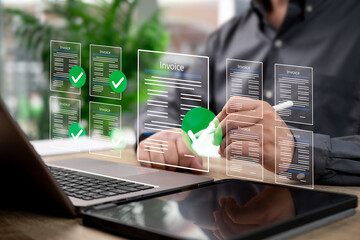 Invoice Digital Document Concept, Businessman Reviewing and Approving Online Invoice, Modern Paperless Office, Financial Transaction Verification, Smart Technology, Business Efficiency, Cost Reduction