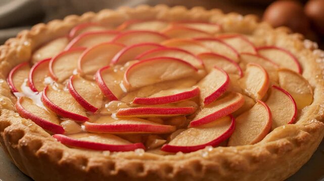 Delicious Apple Pie with Beautiful Arrangement - A close-up shot of a freshly baked apple pie. Sliced apples are beautifully arranged in a circular pattern on top of the pie crust.