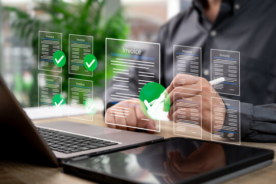 Invoice Digital Document Concept, Businessman Reviewing and Approving Online Invoice, Modern Paperless Office, Financial Transaction Verification, Smart Technology, Business Efficiency, Cost Reduction