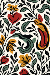 Bold, rustic seamless folk art floral pattern with stylized flowers, hearts, and vines in an earthy palette (red, mustard, deep green). Ideal for bohemian textile designs and artistic wallpaper