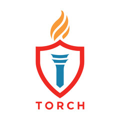 Red shield with blue column and orange flame above text T O R C H torch fire