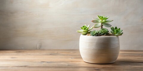 A serene arrangement of succulents in a subtly textured ceramic pot, resting on a rustic wooden surface against a neutral backdrop