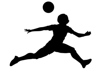 Athletic female figure running into the air to intercept an aerial pass during a friendly or professional soccer game