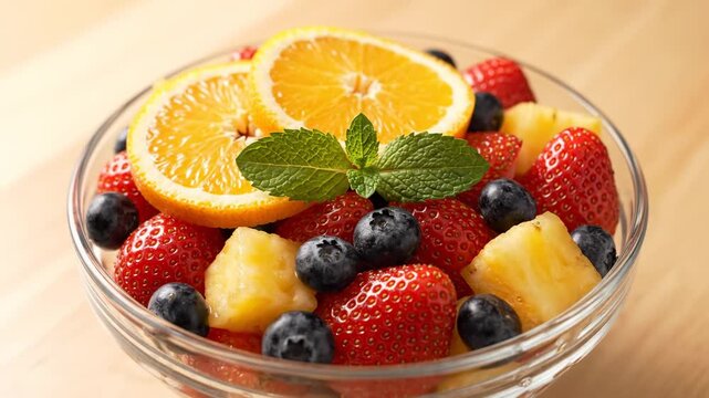 Fresh Fruit Salad in Glass Bowl - A vibrant close-up shot of a delicious fruit salad. The salad features fresh strawberries, blueberries, orange slices, and pineapple chunks in a glass bowl,