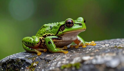 Fototapeta premium Vibrant Green Tree Frog Resting on Mossy Rock Surface in Natural Light with Blurred Green Background in Detailed Close Up View