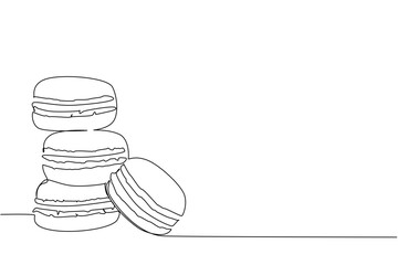 Continuous one line drawing colorful macarons with 3 stacks and 1 leaning macaron. Have slight differences in taste depends on color. National Macaron Day. Single line draw design vector illustration