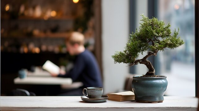 A tranquil cafe corner featuring a potted bonsai tree, a cup of coffee, and a book.