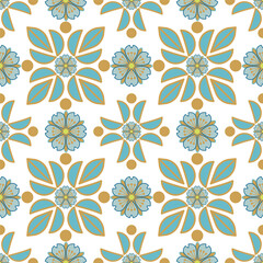 Elegant floral and geometric vector pattern with blue, yellow, and gold decorative shapes on white background.