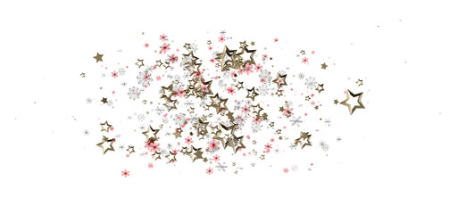 Festive confetti of gold stars and snowflake decorations against a pristine white backdrop, perfect for holiday designs. Ideal for Christmas or