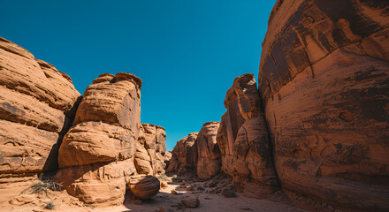 Desert Canyon with Large Rock Formations Under Bright Blue Sky