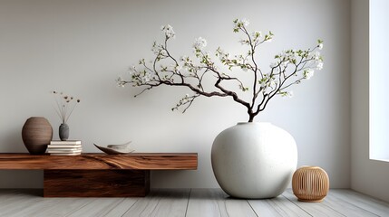 Serene, Japanese-inspired minimalist living room with a sleek wooden console. A white vase with a bare branch stands against a clean white wall, creating a zen mood.