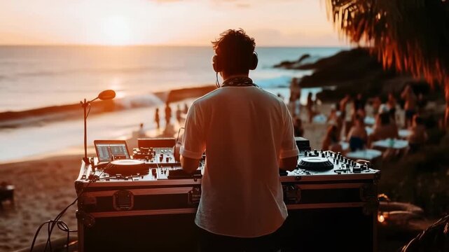 Sunset DJ performance at beach festival with vibrant crowd in the background