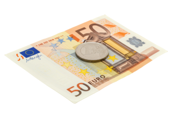 Isolated 50 Euro Bill with a One Euro Coin resting on the bank note, currency close-up