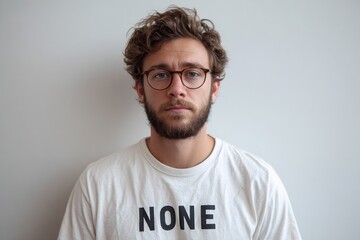 A young man with curly hair and glasses poses against a plain background, conveying a thoughtful and introspective mood.