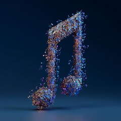 Abstract digital musical note formed by glowing blue and orange interconnected small notes and network lines, symbolizing sound, technology, and creativity on a dark background.