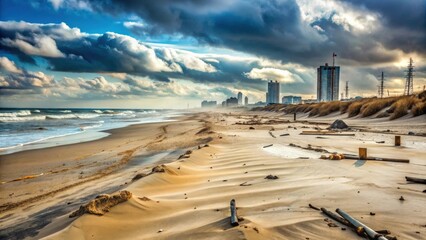 Coastal Dunescape Under a Dramatic Sky, Showing the Contrast Between Urban Development and Natural Beach Erosion