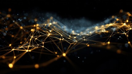 Abstract technology network with glowing golden lines and connecting dots against a dark background, illustrating digital data flow and global connections.