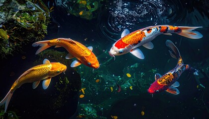 Vibrant Koi Fish Swimming in a Dark Pond with Reflections and Sunlit Water Plants Generative Art