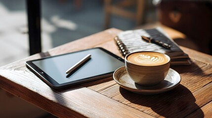 Tablet and coffee on a wooden table with sunlight
