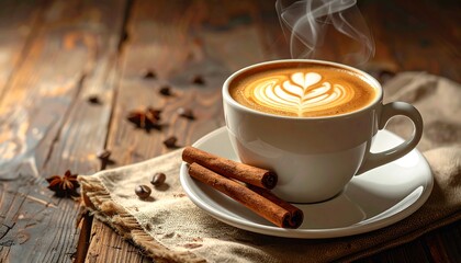 Steaming cup of coffee with latte art, cinnamon sticks on wooden table