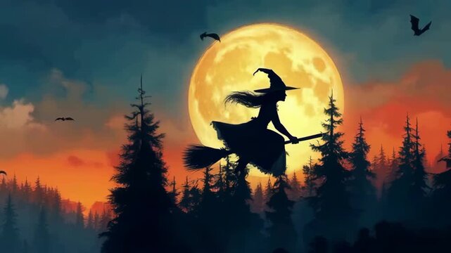 Spooky halloween night with witch silhouette flying on broom in front of giant full moon over dark mysterious forest