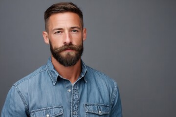 Fototapeta premium A confident man with a well-groomed beard wearing a denim shirt against a neutral background. Ideal for lifestyle and fashion themes.