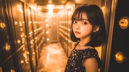 Mysterious Girl in Golden Corridor Portrait Photography
