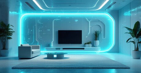 Obraz premium Modern living room features sleek design, glowing blue accents, minimalist furniture, plants. Futuristic interior creates calm atmosphere.