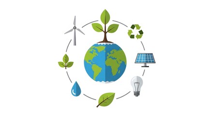 Earth with renewable energy sources like wind turbine, solar panel, and light bulb, representing global sustainability
