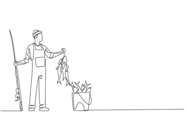 Continuous one line drawing a man wear jumpsuit and hat holds fishing rod and fish and bucket full of fish. The result of persistence. Fisherman Hold Fish. Single line draw design vector illustration