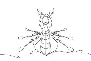 Continuous one line drawing dragon boat sail on the ocean with hands rowing on both sides of the boat. A cohesive team. Enthusiastic. Dragon Boat Festival. Single line draw design vector illustration