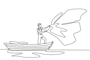 Single continuous line drawing a man wear a vest and hat stands on a wooden boat while casting a net. It is the month of the fish harvest. Fisherman Hold Fish. One line design vector illustration