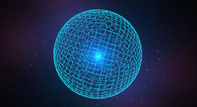 Abstract glowing sphere with a grid structure, representing technology, connectivity, and futuristic concepts in a cosmic, dark blue background - Powered by Adobe