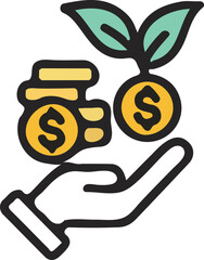Investment Growth Concept Hand Holding Coins with Plant Symbolizing Financial Gain and Sustainable Prosperity Illustration