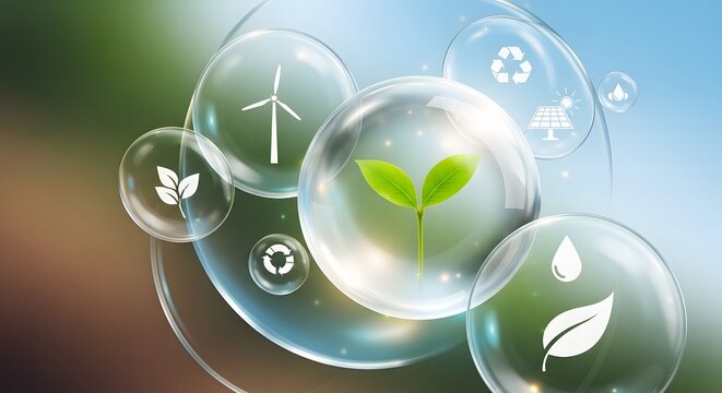 Bubbles with ecofriendly icons like wind turbine, leaf, and recycling symbol representing sustainability and green energy - Powered by Adobe