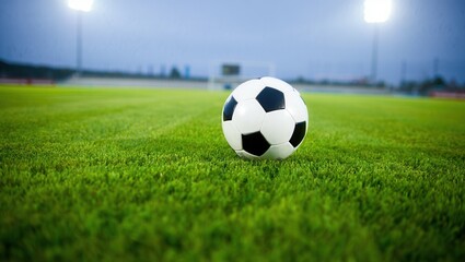 Fototapeta premium A close-up view of a soccer ball resting on a lush green field, illuminated by stadium lights during twilight, perfect for sports themes.