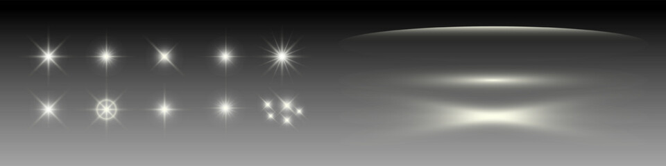 Set of glowing light effects and lens flares on a dark gradient background. Vector illustration of starbursts, shines, and reflections for decoration and photo editing