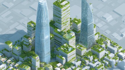 Sustainable City Skyscrapers with Green Roofs, Modern Urban Architecture. Isometric Aerial View of Eco-Friendly Development.