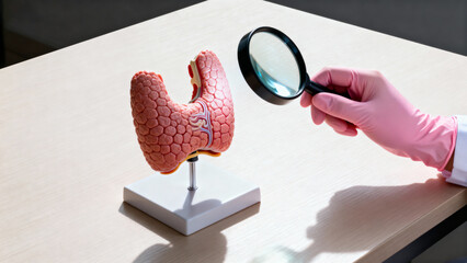 Fototapeta premium Thyroid gland model with magnifying glass