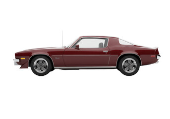 Isolated maroon 1970s sports car, coupe styling, muscle-car, classic automobile, vintage vehicle