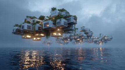 Futuristic Floating Modular City with Green Roofs Reflecting on Water at Dusk